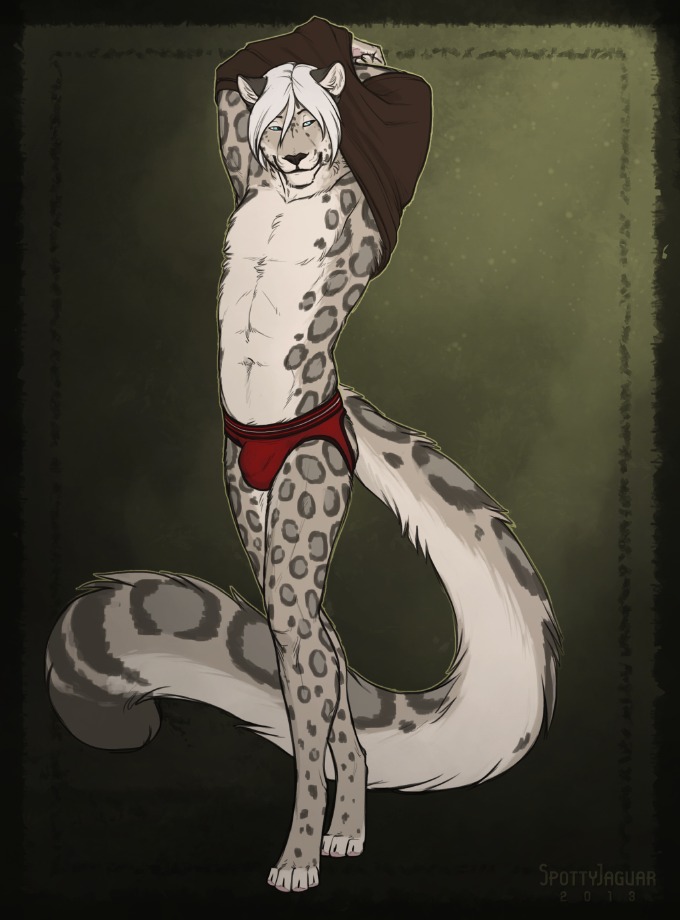 2013 4_toes anthro barefoot biped black_nose blue_eyes bulge clothed clothing e621 feet felid front_view fur grey_body grey_fur hair hands_behind_head jockstrap leopard long_tail looking_at_viewer male mammal navel pantherine shirt smile snow_leopard solo spots spottyjaguar standing tail toes topless topwear underwear undressing white_hair