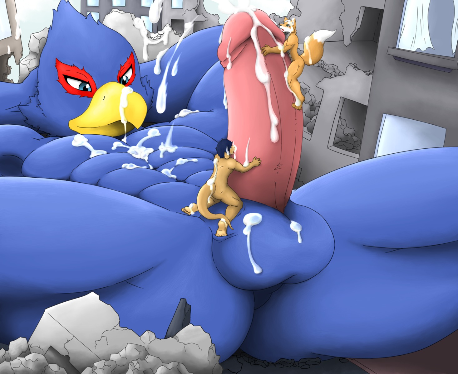 abs anthro athletic avian balls beak biceps big_muscles big_penis bird blue_body blue_eyes blue_feathers blue_hair bodily_fluids body_worship brown_body brown_fur butt canid canine croiyan cum cum_covered cum_on_arm cum_on_back cum_on_balls cum_on_beak cum_on_belly cum_on_body cum_on_chest cum_on_face cum_on_leg cum_on_own_face cum_on_penis cum_on_self cum_string cumshot destruction e621 ejaculation erection excessive_cum excessive_genital_fluids falco_lombardi feathers flexing fox fox_mccloud fur genital_fluids genital_worship genitals glans green_eyes group hair hands_behind_head hi_res humanoid_genitalia humanoid_penis interspecies kangaroo leaking licking lying macro macropod male male/male mammal marsupial messy muscular muscular_male nintendo nude on_back orgasm pecs penile penis penis_worship pose presenting ruins star_fox tamerlane92 tongue tongue_out white_body white_fur white_hair wmruckwr