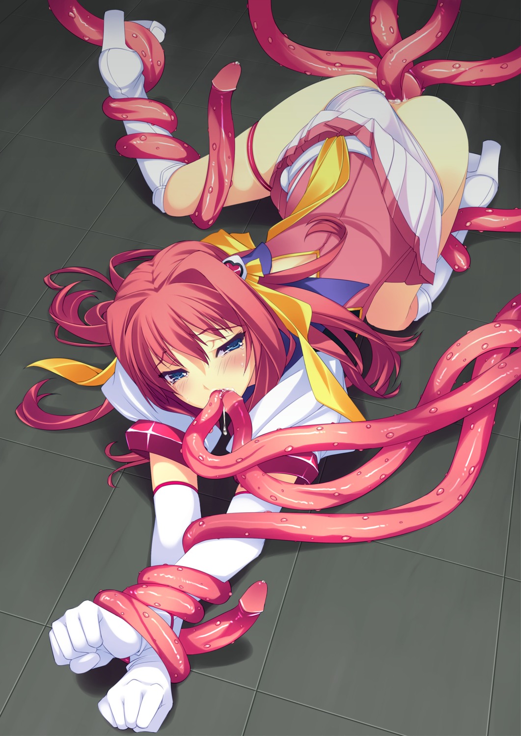 blue_eyes blush boots bound_wrists clothed_sex dress_lift escalayer fellatio female highres knee_boots long_hair murakami_suigun on_floor oral panties panties_aside pink_hair pussy rape restrained restrained_by_tentacles rule34 sex tears tentacle tentacle_in_ass tentacle_in_mouth tentacle_in_pussy tentacles_around_legs tentacles_around_wrists torture underwear