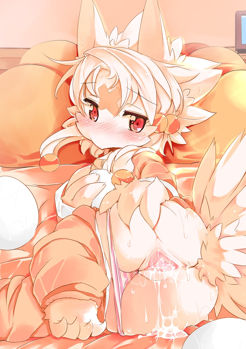 anthro avian biped blonde_hair blush bodily_fluids bottomwear bottomwear_down butt clothed clothing dripping e621 egg female genital_fluids genitals hair hi_res kemono loli looking_at_viewer lying nyankone panties panties_down pants pants_down partially_clothed presenting red_eyes solo spread_butt spread_vulva spreading underwear underwear_down vaginal_fluids vulva warm_colors young young_anthro young_female