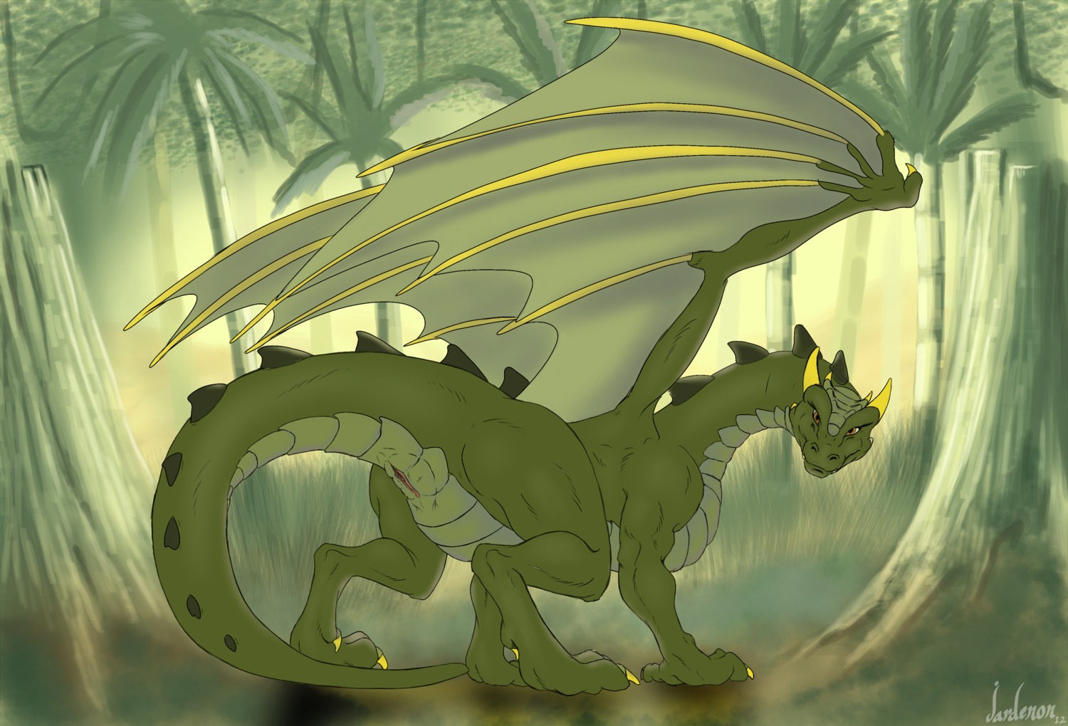 2012 all_fours butt claws detailed_background dragon e621 female feral forest genitals green_body green_theme hi_res horn jardenon jungle looking_at_viewer looking_back membrane_(anatomy) membranous_wings mythological_creature mythological_scalie mythology nature nude outside plant scalie solo tail tree vulva wings
