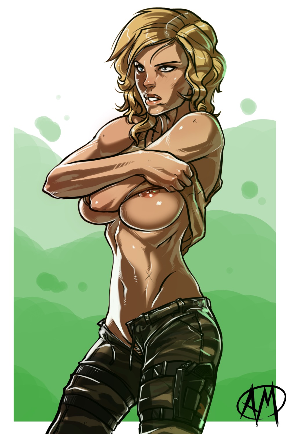 1girls blonde_hair breasts camouflage command_and_conquer female ganassa navel nipples pants pubic_hair red_alert_(video_games) red_alert_3 rule34 scar shirt_lift solo tanya_adams undressing