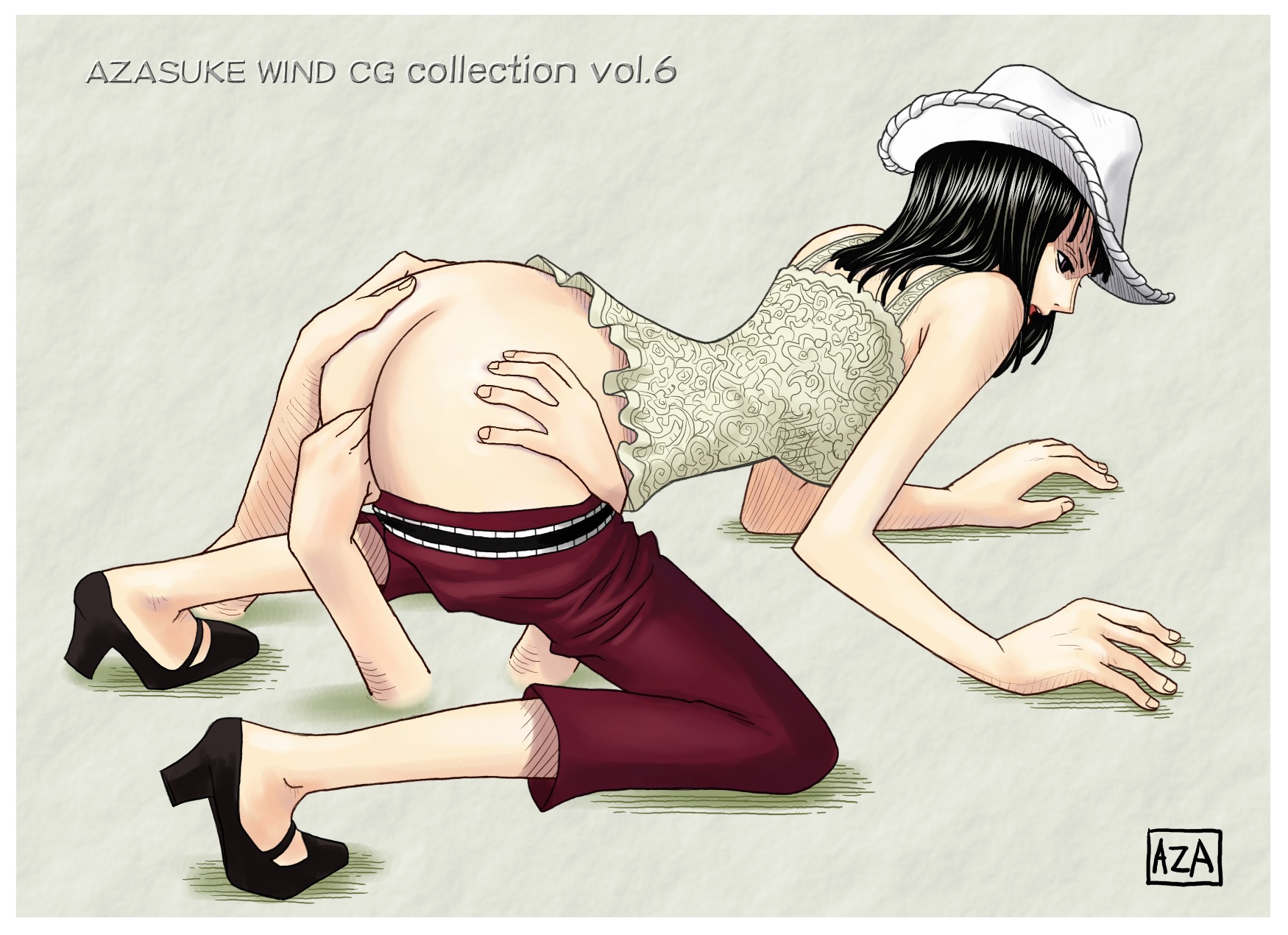 1girls akuma_no_mi all_fours ass ass_grab azasuke bare_calves black-haired_female black_hair calves camisole capri_pants clothing cowboy_hat female female_only fingering groping hana_hana_no_mi hands hat high_heels highres human masturbation nico_robin no_panties one_piece pants_down pre-timeskip purple_eyes rule34 shoes skypiea solo straight_hair