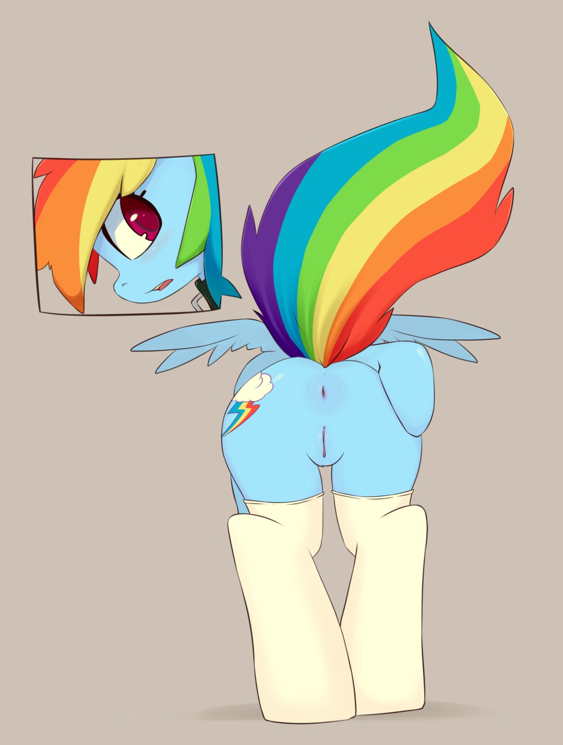 2012 anus bent_over blue_body blue_feathers blue_fur butt clothing collar e621 equid equine feathered_wings feathers female feral footwear friendship_is_magic fur genitals grumblepluck hair hasbro hi_res humanoid_genitalia humanoid_genitalia_on_feral humanoid_vulva humanoid_vulva_on_feral legwear looking_at_viewer mammal multicolored_hair multicolored_tail my_little_pony mythological_creature mythological_equine mythology pegasus presenting presenting_anus presenting_hindquarters presenting_vulva purple_eyes rainbow_dash_(mlp) rainbow_hair rainbow_tail simple_background socks solo stockings tail vulva wings