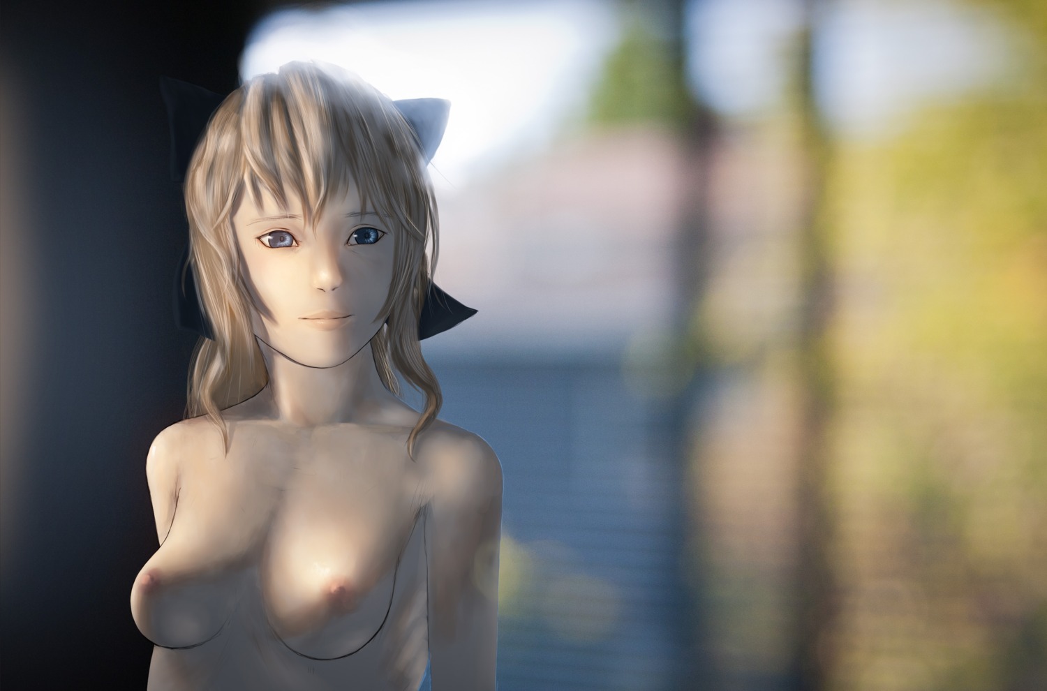 1girls areolae blonde_hair blue_eyes breasts female female_only katawa_shoujo light-skinned_female light_skin long_hair medium_breasts nipples ribbon ribs rule34 satou_lilly smile solo wooph