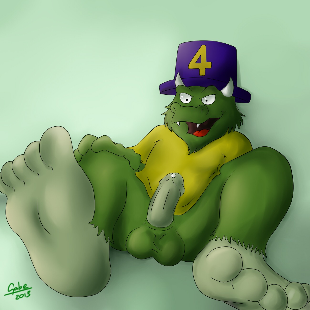 1:1 5_toes balls barefoot big_feet clothing digital_media_(artwork) e621 erection feet four_(seven_little_monsters) genitals hat hat_only headgear headgear_only headwear headwear_only hi_res horn humanoid_genitalia humanoid_penis male mostly_nude mytigertail nelvana pbs penis seven_little_monsters solo teeth toes tongue
