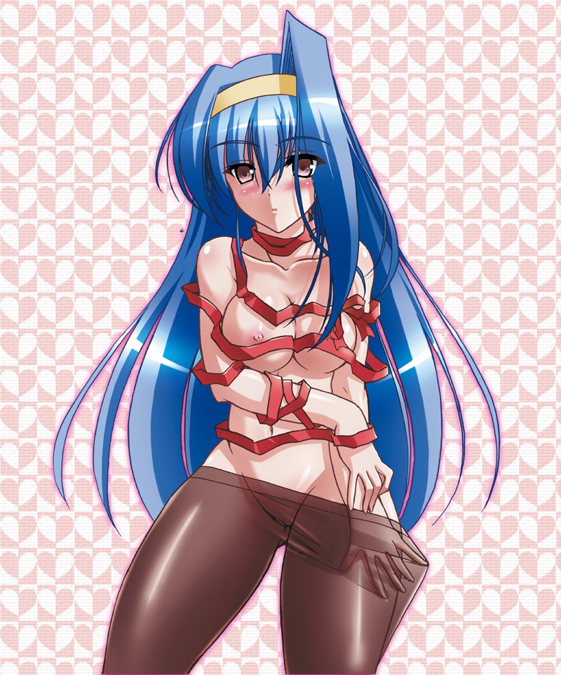 blue_hair blush breasts c.r. female long_hair nipples pantyhose pantyhose_pull rule34 tsuzura_saki undressing