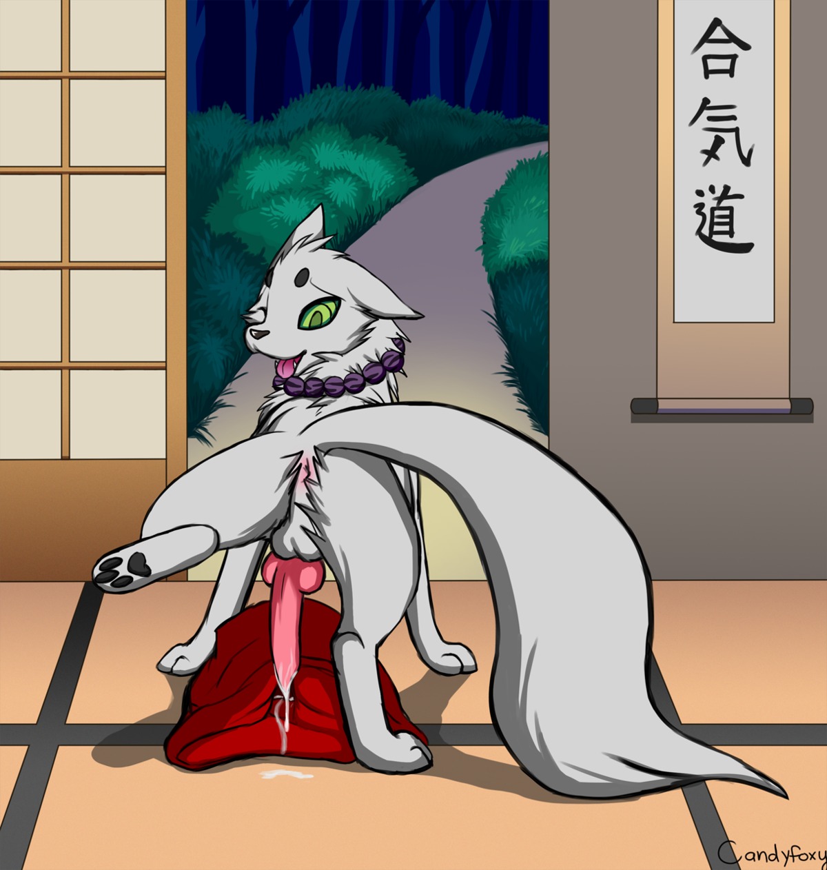 after_sex anus ayakashi backsack balls bodily_fluids butt candyfoxy canid canine canis collar cum cum_inside digital_media_(artwork) domestic_dog e621 erection feral fur genital_fluids genitals ghost green_eyes hi_res kekkaishi madarao_(kekkaishi) male mammal open_mouth penis shaded solo spirit tongue tongue_out white_body white_fur