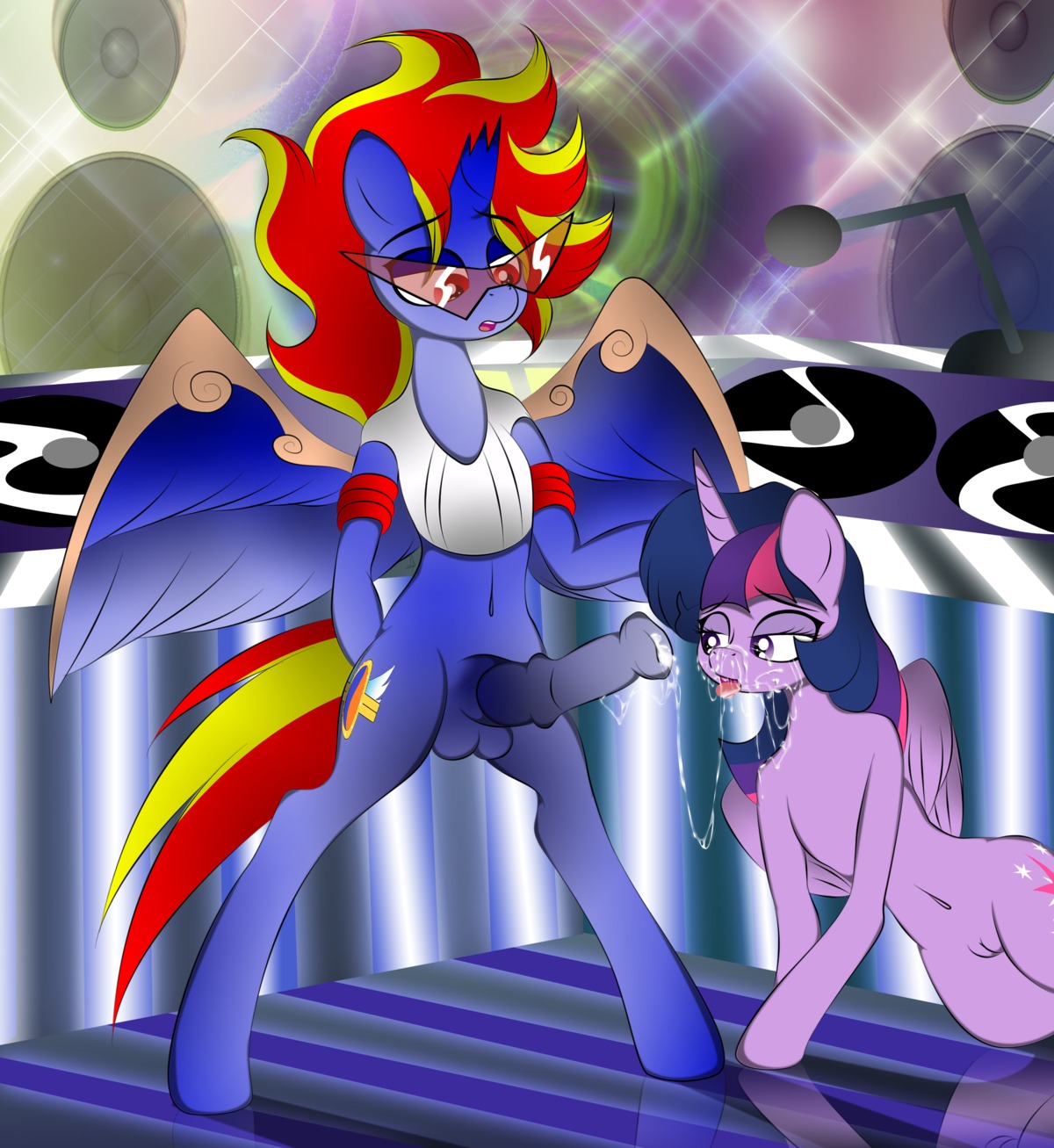 2013 absurd_res animal_genitalia animal_penis anthro anthrofied balls blue_body blue_feathers bodily_fluids bottomless clothed clothing cum cum_on_face cutie_mark disc_jockey duo e621 equid equine equine_genitalia equine_penis erection eyewear feathered_wings feathers female feral friendship_is_magic fur genital_fluids genitals hair hasbro hi_res horn male male/female mammal multicolored_hair my_little_pony mythological_creature mythological_equine mythology nude penis prodigy_skyfire purple_body purple_eyes purple_feathers purple_fur purple_hair red_eyes sunglasses tail twilight_sparkle_(mlp) two_tone_hair v-d-k vulva winged_unicorn wings