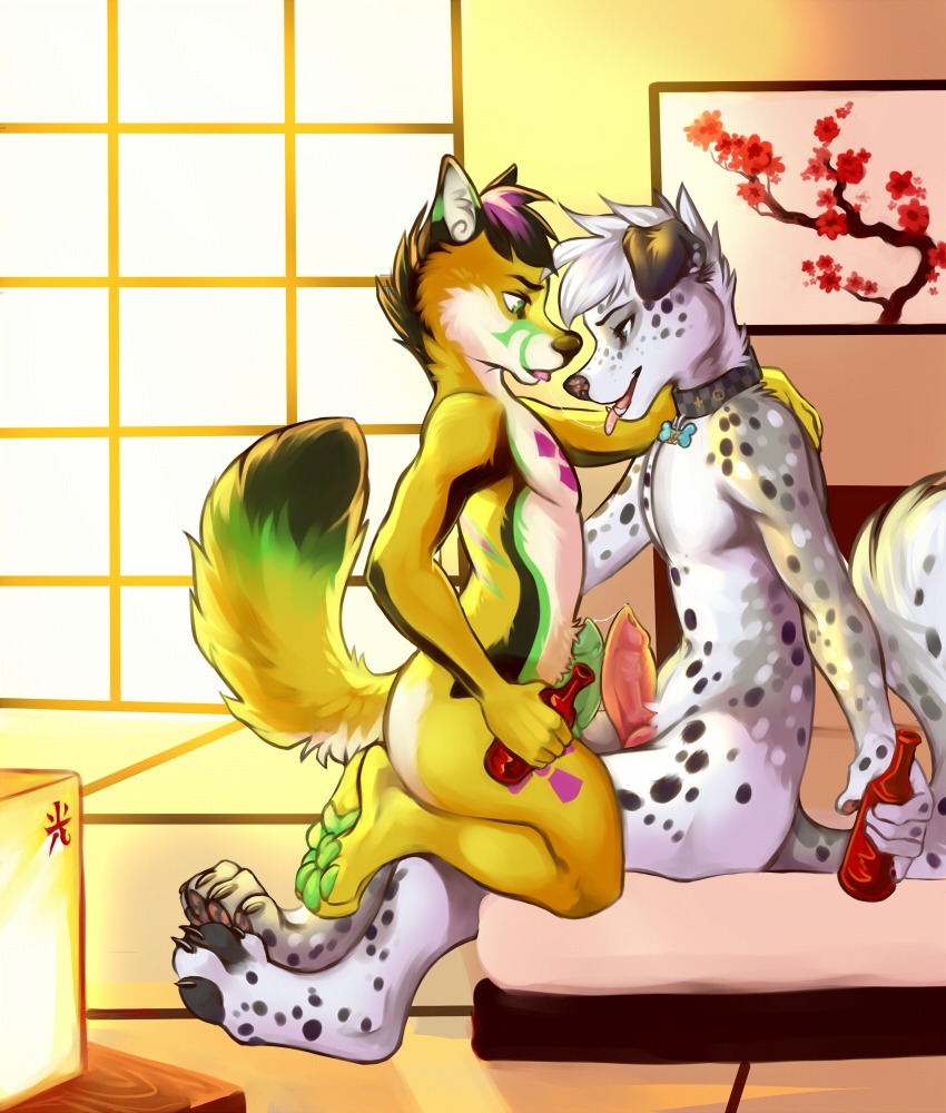 animal_genitalia animal_penis anthro anthro_on_anthro beverage black_body black_fur brown_body brown_fur brown_hair brown_nose canid canine canine_genitalia canine_penis canis collar dalmatian demicoeur digital_media_(artwork) domestic_dog duo e621 erection feet food fox frottage fur genitals green_body green_eyes green_fur green_pawpads green_penis grey_body grey_eyes grey_fur hair hindpaw knot krispup male male/male mammal multicolored_body multicolored_fur multicolored_hair nude pawpads paws penile penis penises_touching pink_pawpads pink_penis purple_hair sex shadowsfox short_hair sitting spots tan_body tan_fur tattoo tongue tongue_out two_tone_hair white_body white_fur white_hair yellow_body yellow_fur