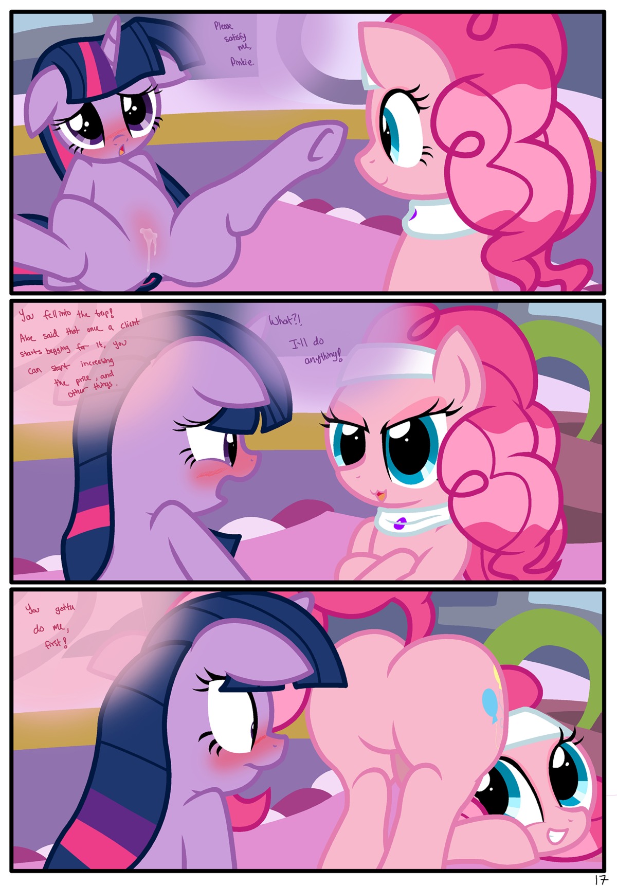 absurd_res blush bodily_fluids butt comic dialogue duo e621 earth_pony english_text equid equine female female/female feral friendship_is_magic fur genital_fluids hair hasbro hi_res horn horse mammal multicolored_hair my_little_pony mythological_creature mythological_equine mythology pinkie_pie_(mlp) pony presenting purple_body purple_fur purple_hair pyruvate spa spread_legs spreading text twilight_sparkle_(mlp) two_tone_hair unicorn vaginal_fluids