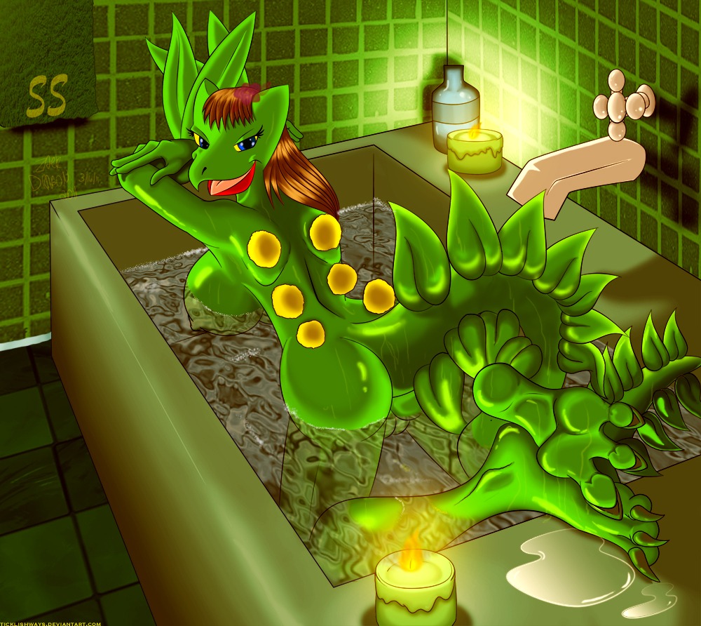 anthro anthro_only ass back_view bath breasts color female female_only green_skin looking_back nude pokemon pokemon_(species) pussy rule34 scepera sceptile solo tagme tail vulva zp92