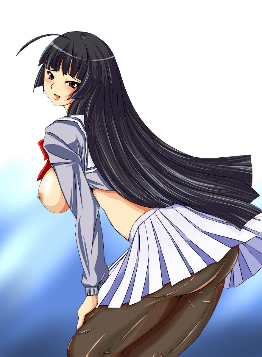 1girls ass bent_over black_hair blush breasts breasts_out female female_only from_behind highres jewelpet jewelpet_sunshine large_breasts long_hair looking_at_viewer looking_back mizushiro_kanon nipples pantyhose pleated_skirt rule34 sanrio school_uniform simple_background skirt solo tights