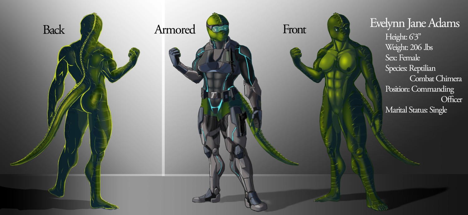 2013 abs armor belt biceps boots breasts butt clothed clothing e621 english_text eyewear female footwear front_view genitals goggles gun handgun hi_res knife model_sheet muscular muscular_female nipples non-mammal_breasts non-mammal_nipples nude off/on pistol pogiforce pouches ranged_weapon reptile scalie shoes skimpy solo tail text vulva weapon