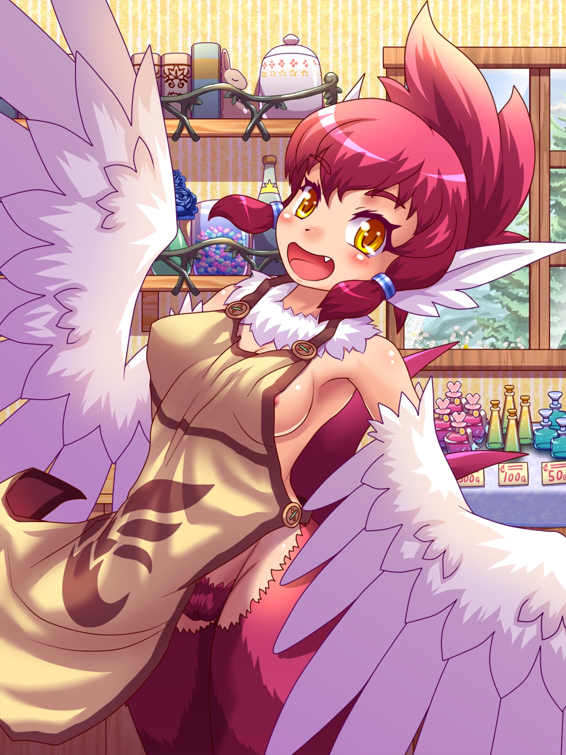3:4 apron apron_only avian blue_sky blush breasts censor_removal_edit clothing cloud e621 european_mythology fangs feathered_wings feathers female greek_mythology hair happy harmir harpy hi_res humanoid inside long_hair looking_at_viewer monster_girl_(genre) mostly_nude mugen mythological_avian mythological_creature mythology navel nipples nude open_mouth plant pubes red_hair sky smile solo store teaf teeth third-party_edit tree winged_humanoid wings yellow_eyes