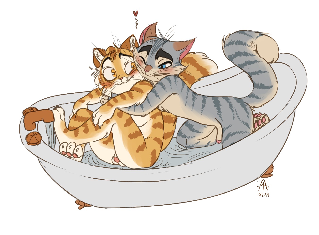 2014 anthro anthro_on_anthro balls bath blush calvin_mcmurray countershading cousins_(lore) digital_media_(artwork) domestic_cat duo e621 felid feline felis flaccid foreskin fur genitals heart_symbol hug humanoid_genitalia humanoid_penis incest_(lore) intraspecies lackadaisy male male/male mammal nude partially_retracted_foreskin partially_submerged penis rocky_rickaby simple_background smile therabbitd water