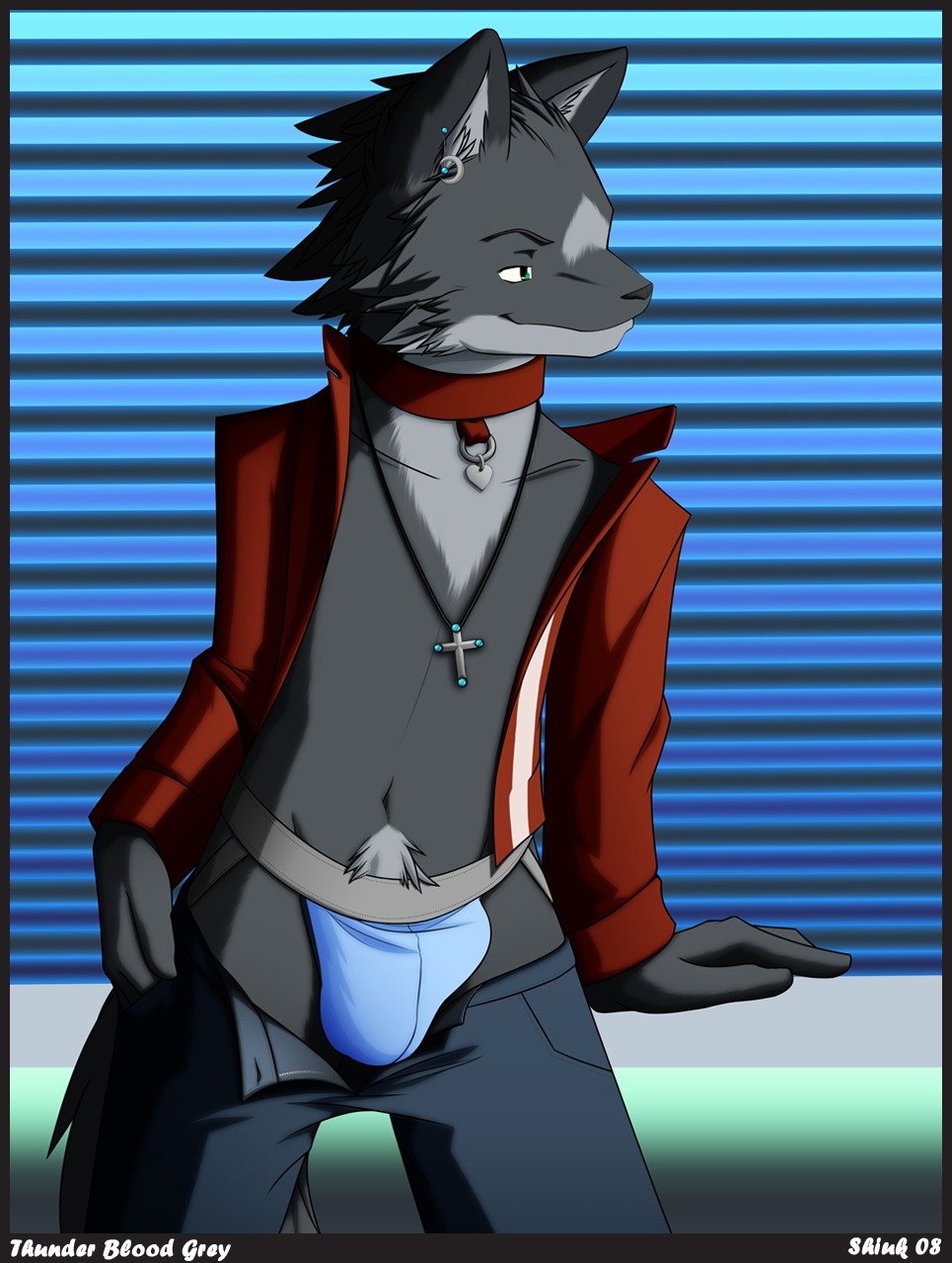 anthro biped bottomwear bottomwear_down bulge canid canine canis clothed clothing collar cross e621 hi_res jockstrap male mammal open_clothing open_shirt open_topwear pants pants_down partially_clothed piercing pubes shirt shiuk solo tail thundergrey topwear underwear wolf