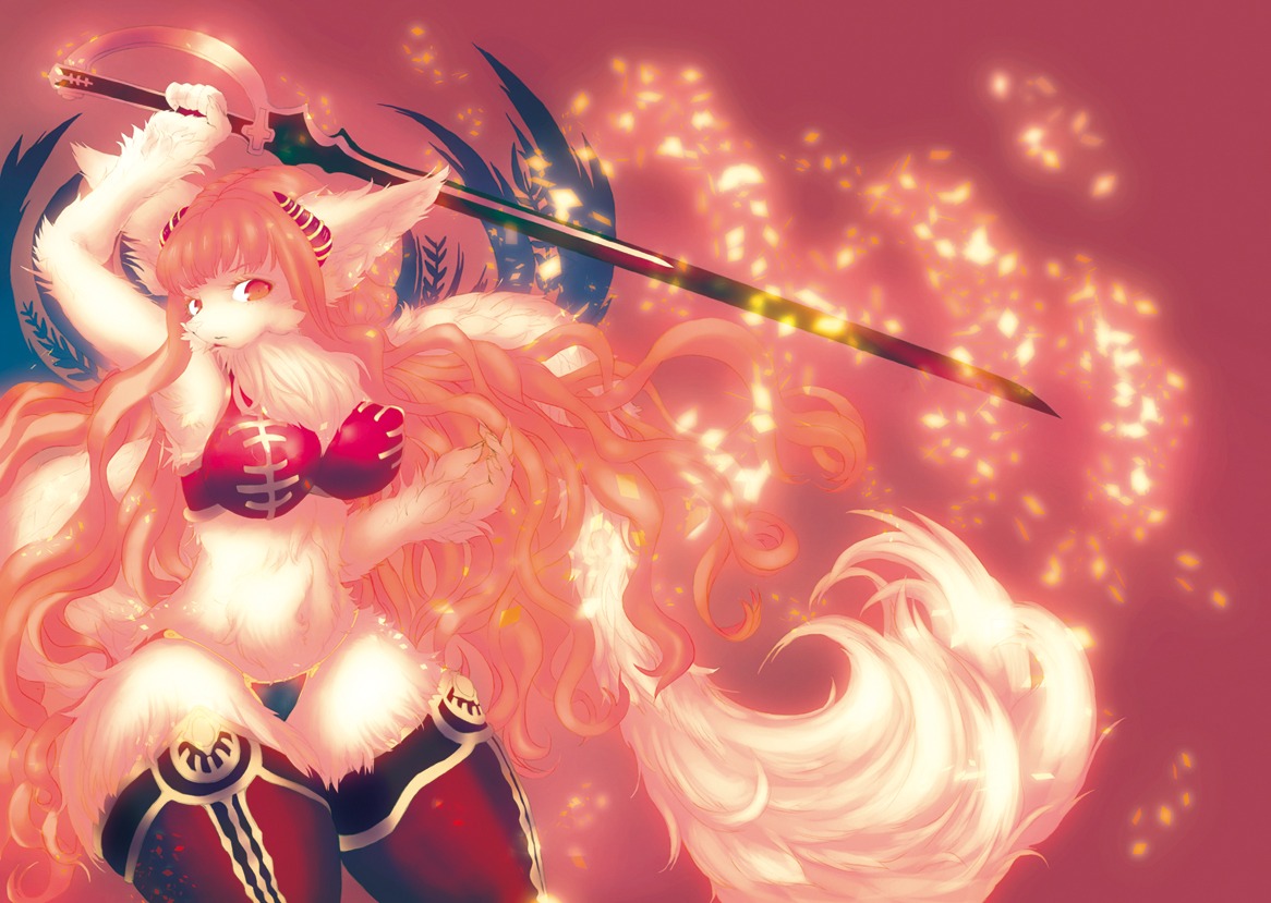 anthro armpit_hair body_hair clothed clothing digital_media_(artwork) e621 female kemono legwear magic melee_weapon portrait red_theme skimpy solo stockings sword three-quarter_portrait toro29 warm_colors warrior weapon