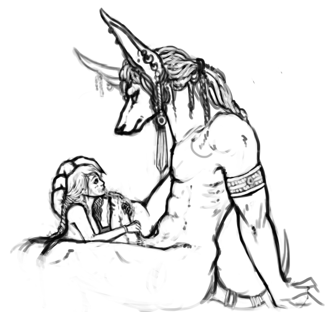 2013 abs anthro anubian_jackal anubis blush bodily_fluids breasts canid canine canis deity duo duskoerlikon e621 ear_piercing egyptian egyptian_mythology erection female genital_fluids genitals hair hi_res human human_on_anthro interspecies jackal jewelry larger_male long_hair male male/female mammal middle_eastern_mythology monochrome muscular mythology nude penis piercing precum size_difference smaller_female