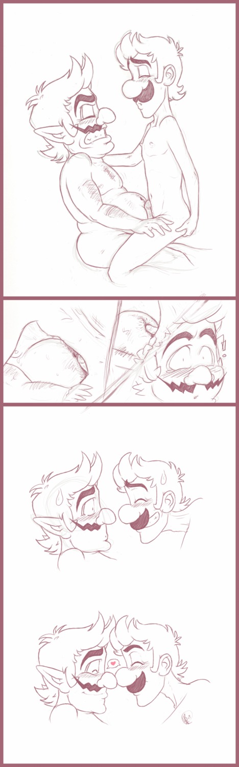 artist_request boner chubby erection facial_hair hair luigi male male_only mario_(series) monochrome moustache multiple_males nintendo nose_to_nose nude penis rule34 side_view sitting straight_hair tagme wario yaoi