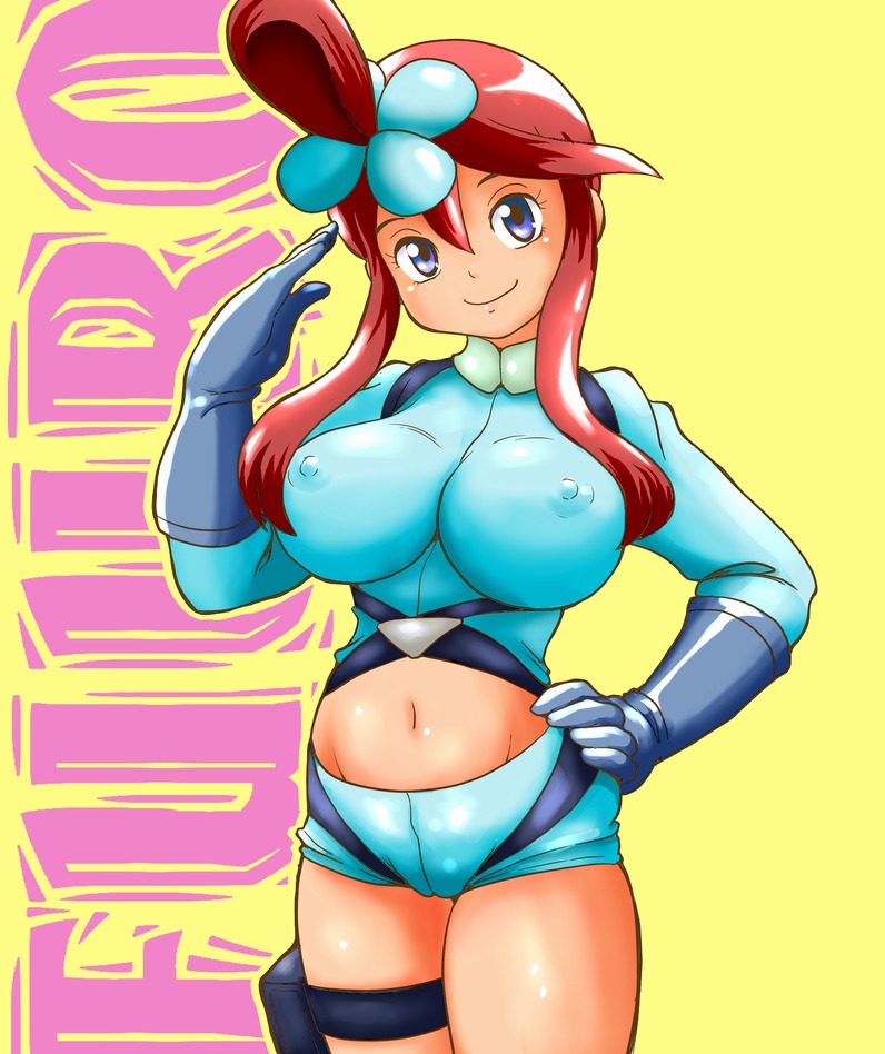 blue_eyes breasts female female_only gloves human large_breasts nipples pokemon pokemon_bw red_hair rule34 salute skyla_(pokemon) smile solo tof