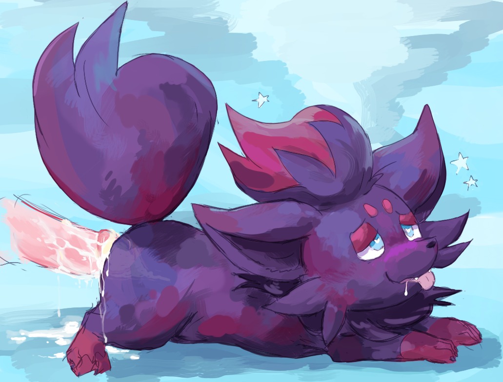 ambiguous_gender blue_background blue_eyes bodily_fluids canid canine cum disembodied_penis drooling duo e621 erection feral fleurdeiris fucked_silly fur generation_5_pokemon genital_fluids genitals half-closed_eyes heart_eyes heart_symbol human humanoid_genitalia humanoid_penis interspecies larger_male looking_pleasured male mammal narrowed_eyes nintendo penis pokemon pokemon_(species) pokephilia pupils purple_body purple_fur saliva simple_background size_difference smaller_ambiguous solo_focus star symbol-shaped_pupils tongue tongue_out unusual_pupils zorua