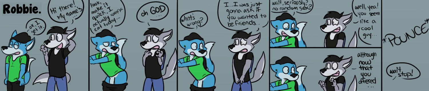 anthro awkward backpack biped black_bottomwear black_clothing black_hair black_headwear black_nose black_topwear blue_body blue_bottomwear blue_clothing blue_fur bottomwear bottomwear_down canid canine canis clothed clothing countershade_face countershade_tail countershade_torso countershading dialogue dipstick_tail duo e621 ear_piercing english_text explicitly_stated_nonconsent flaccid forced fur genitals green_clothing green_topwear grey_background grey_body grey_fur hair half-closed_eyes hat headgear headwear long_image male male/male mammal markings misunderstanding multicolored_tail narrowed_eyes open_mouth pants pants_down partially_clothed penis piercing raised_tail rape robbie_(rotten_robbie) rotten_robbie sex shirt shocked simple_background speech_bubble standing tail tail_markings text topwear white_body white_countershading wide_image wolf