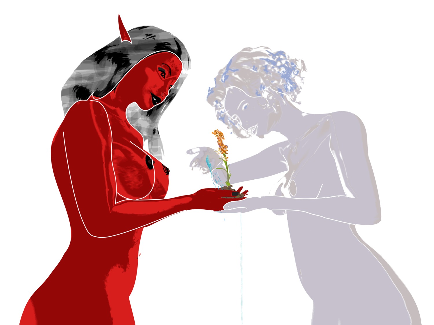 2girls angel black_hair breasts demon female hand_holding high_resolution multiple_females multiple_girls nipple_piercing nipples nude piercing red_skin rule34 tattoo