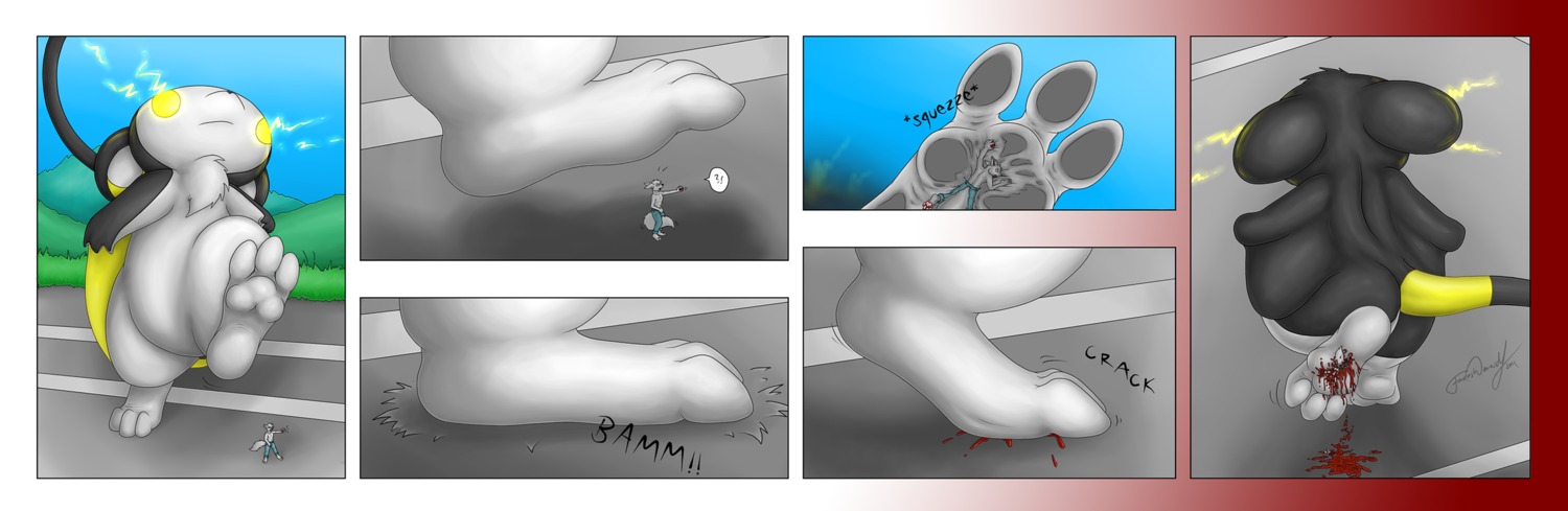 2011 ambiguous_gender anthro artie blood bodily_fluids death duo e621 emolga extreme_size_difference feet foot_crush forceswerwolf generation_5_pokemon gore grotesque_death hi_res hindpaw mammal membrane_(anatomy) nintendo patagium paws pokemon pokemon_(species) rodent sciurid size_difference stomping