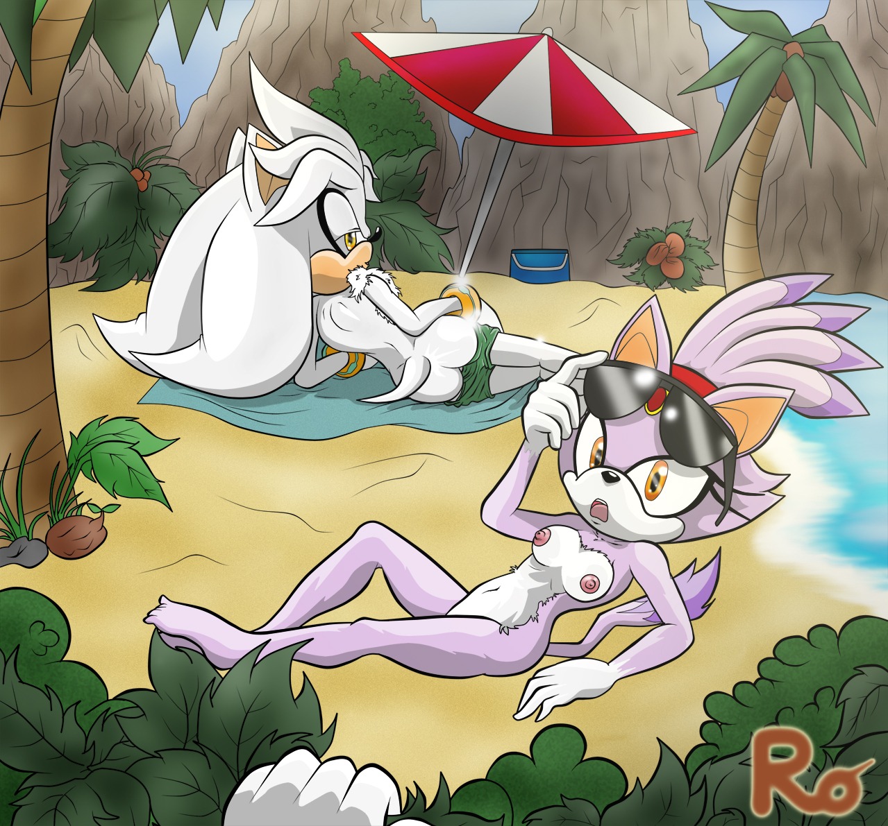 2013 5_fingers 5_toes ambiguous_gender anthro barefoot beach beach_umbrella black_nose blaze_the_cat bottomwear bottomwear_down breasts butt clothed clothing coconut d: domestic_cat drupe_(fruit) e621 eulipotyphlan eyewear feet felid feline felis female fingers first_person_view food fruit fur glasses glistening gloves group hair handwear hedgehog humanoid_pointy_ears long_hair looking_at_another looking_at_viewer looking_back lying mammal navel nipples nude on_back on_side on_towel open_mouth orange_eyes outside palm_tree pants pants_down parasol partially_clothed peeping pink_body pink_skin plant pointy_ears presenting presenting_hindquarters purple_body purple_fur purple_hair raianonzika raised_arm rock seaside sega shadow shorts shrub silver_the_hedgehog sonic_the_hedgehog_(series) sunglasses tail toes tongue towel tree white_body white_fur wristband yellow_eyes