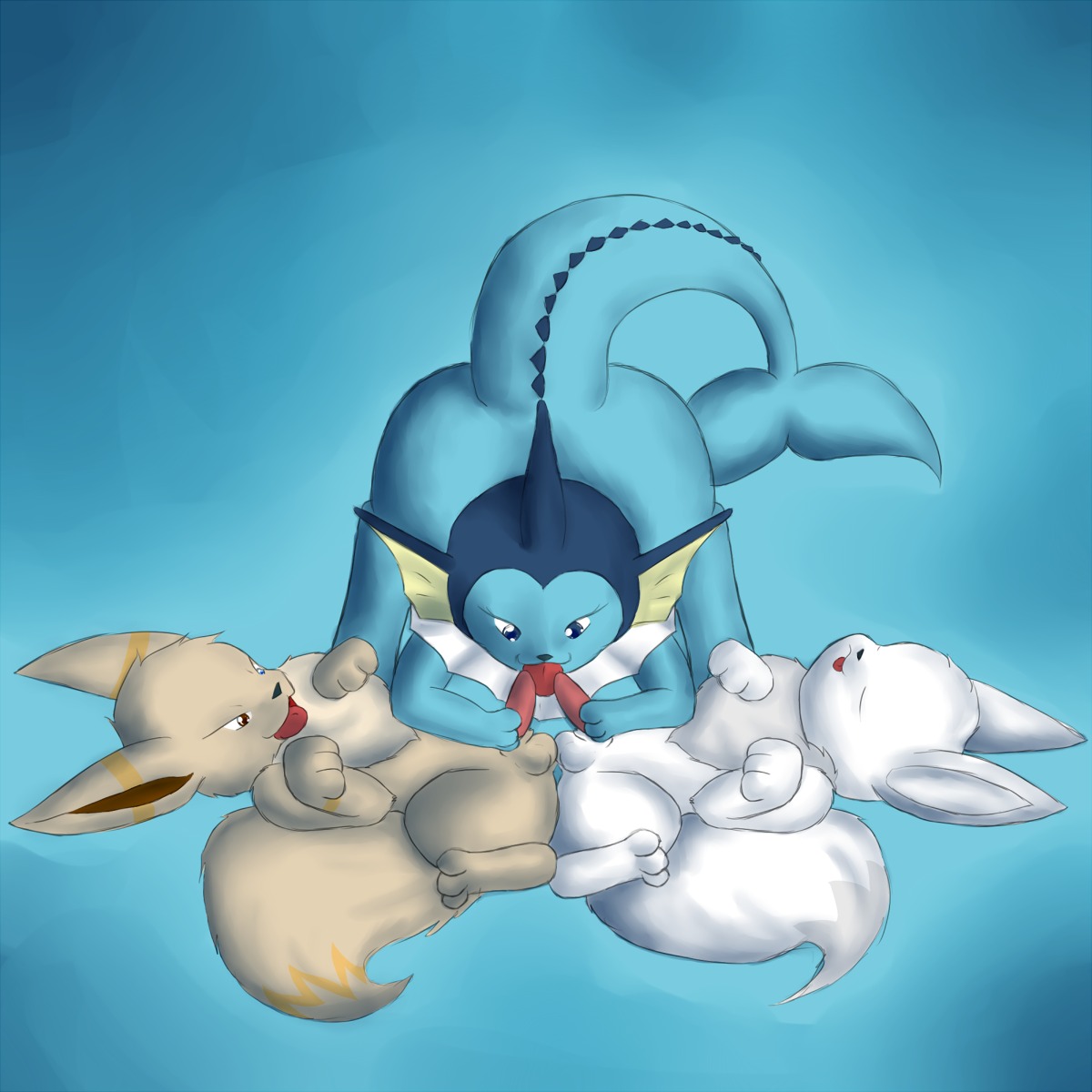 color eeveelution female feral fur handjob interspecies lying male multiple_males nintendo nude on_back penis pok&eacute;mon_(species) pokemon pokemon_(species) rule34 shenhibiki tagme vaporeon