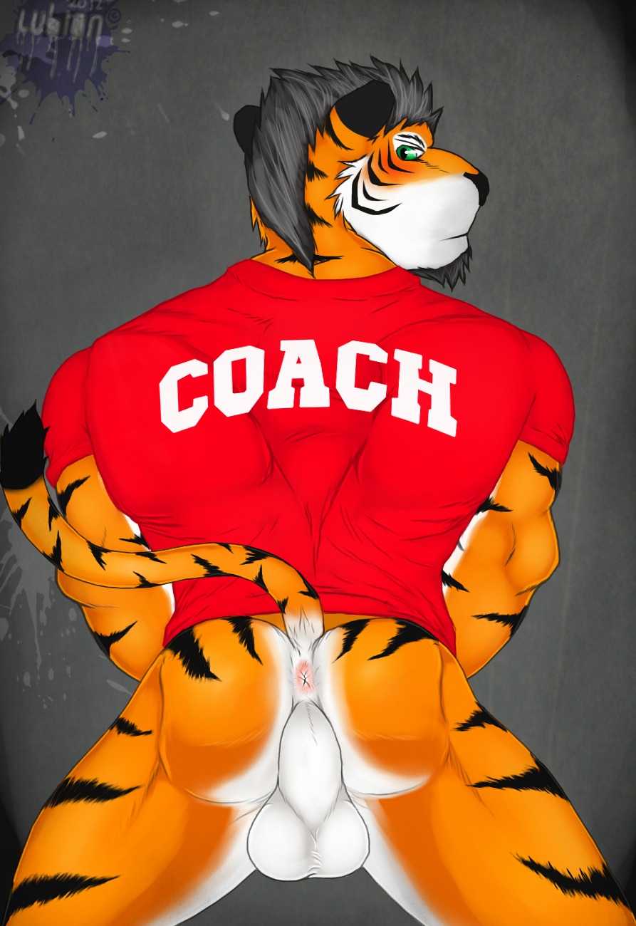 anthro anus backsack balls biped blush bottomless butt clothed clothing coach e621 facial_hair felid fur genitals goatee green_eyes hair hi_res looking_at_viewer lubion male mammal muscular muscular_anthro muscular_male pantherine perineum presenting presenting_hindquarters shirt solo spread_legs spreading stripes tail tiger topwear