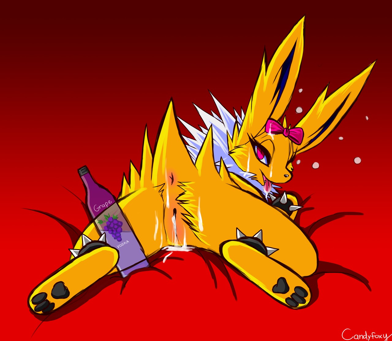 accessory after_sex akira_(candyfoxy) alcohol anus beverage bodily_fluids bottle bow_(feature) bow_accessory bow_ribbon bracelet butt candyfoxy canid canine container cum cum_in_mouth cum_in_vagina cum_inside cum_on_butt cum_on_face cum_on_fur cum_on_tongue digital_media_(artwork) digitigrade drunk e621 eeveelution eyelashes feet female feral fur generation_1_pokemon genital_fluids genitals hair_accessory hair_bow hair_ribbon hindpaw jewelry jolteon long_ears long_eyelashes looking_back lying mammal mane messy nintendo pawpads paws pink_eyes pokemon pokemon_(species) presenting raised_tail rear_view ribbons shaded short_tail solo spiked_bracelet spikes sploot substance_intoxication tail teeth tongue tongue_out unavailable_at_source vodka vulva yellow_body yellow_fur