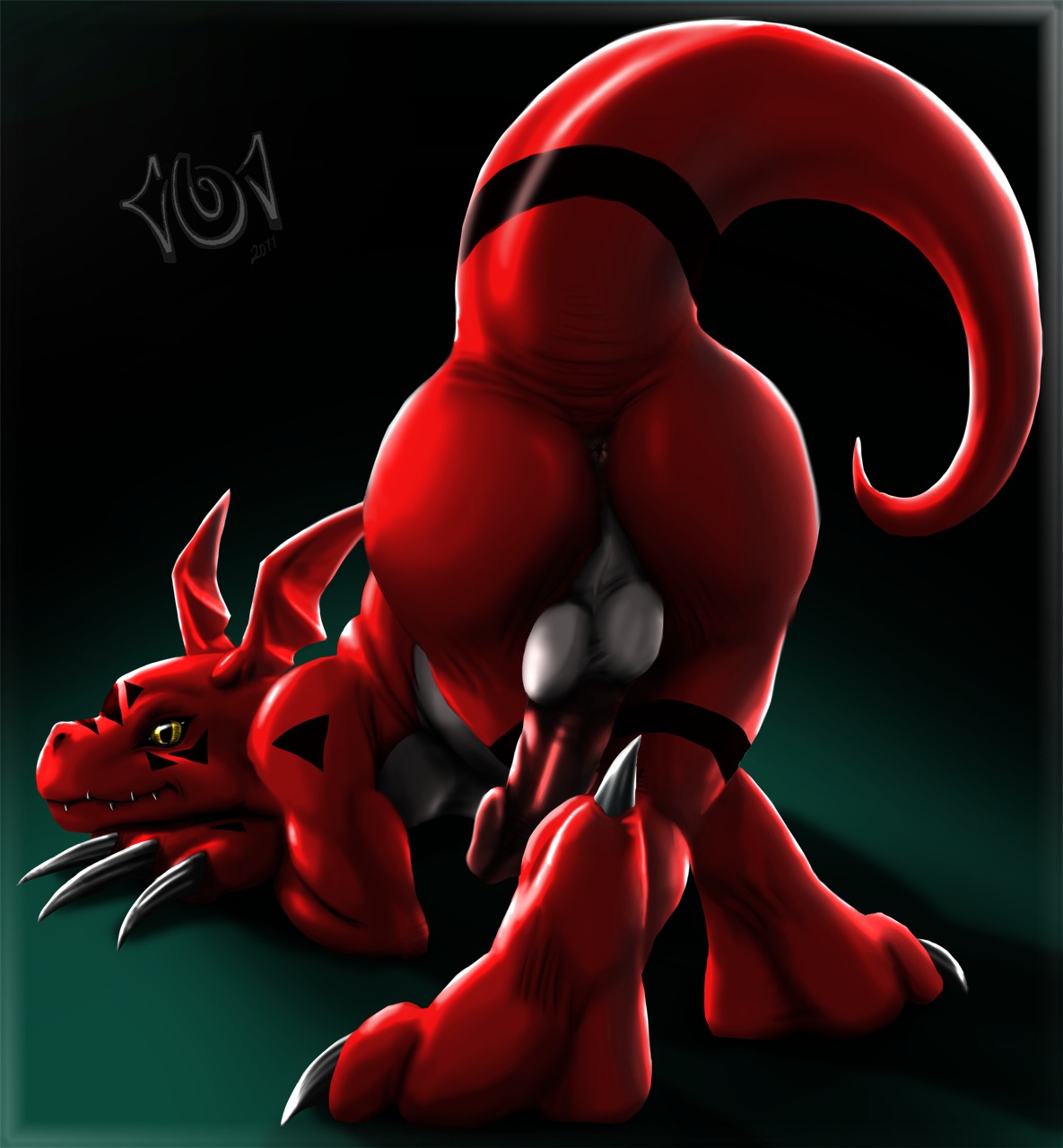 all_fours anus ass_up backsack balls bandai_namco big_butt butt crossed_legs digimon digimon_(species) dudey_101 e621 erection feet feral genitals guilmon hi_res hindpaw inverted_zero_unit looking_at_viewer looking_back male markings paws penis penis_tuck presenting presenting_hindquarters rear_view scalie solo symbol tail teasing zero_unit