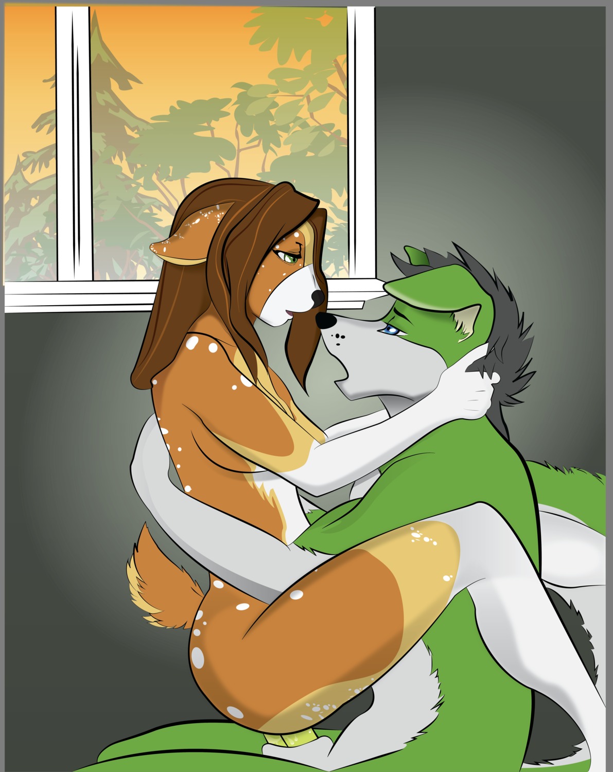 absurd_res animal_genitalia anthro big_butt blue_eyes butt canid canine canis deer domestic_dog duo e621 erection eye_contact female female_penetrated fur genitals green_body green_eyes green_fur heavy_thrusting hi_res humanoid_hands husky interspecies looking_at_another male male/female male_penetrating male_penetrating_female mammal nordic_sled_dog nude penetration penile penile_penetration penis penis_in_vagina predator/prey sex sheath snak3-charm3r spitz tan_body tan_fur thick_thighs thrusting vaginal vaginal_penetration wide_hips
