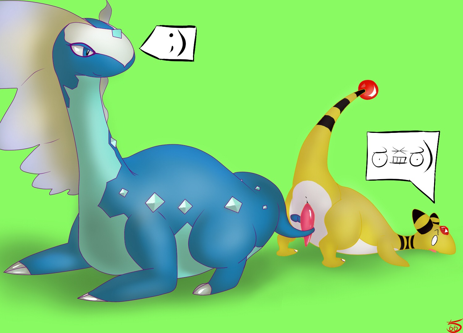 ambiguous_gender ampharos aurorus conditional_dnp dinosaur duo e621 erection feral feral_on_feral fossil_pokemon generation_2_pokemon generation_6_pokemon genitals glistening glistening_genitalia glistening_penis green_background klaide looking_back male male/ambiguous nintendo one_eye_closed penis pokemon pokemon_(species) prehistoric_species raised_tail reptile saurischian sauropod sauropodomorph scalie simple_background surprised tail tail_fetish tail_play teasing wink yellow_body yellow_skin