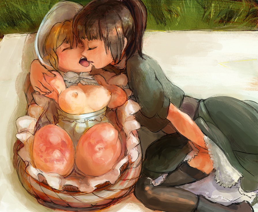 2girls amputee basket blonde_hair bonnet bottomless bow breasts brown_hair closed_eyes dress female fingering framed_breasts frills grass hug kissing long_hair masturbation multiple_females multiple_girls nipples ponytail quadruple_amputee rule34 scar short_hair skirt thighhighs tied_hair yuri
