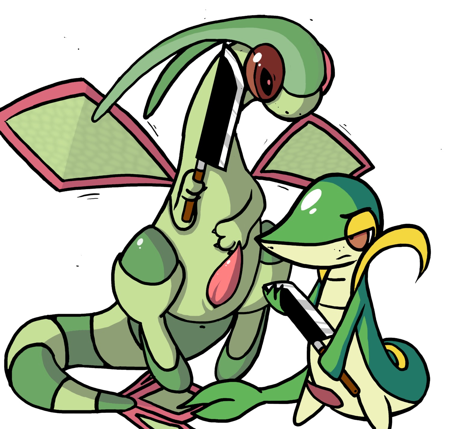 absurd_res black_eyes conditional_dnp dragon duo e621 erection feral flygon generation_3_pokemon generation_5_pokemon genitals hi_res knife male male/male membrane_(anatomy) membranous_wings mythological_creature mythological_scalie mythology nintendo penis pokemon pokemon_(species) red_eyes reptile scalie simple_background snivy tail tricksta white_background wings