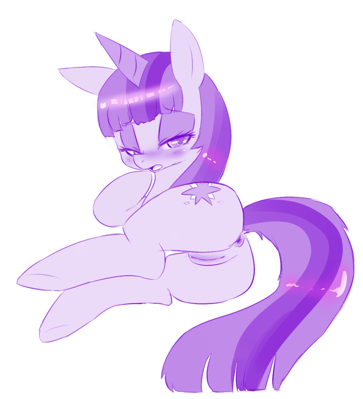 anus blush digital_media_(artwork) e621 equid equine female feral friendship_is_magic fur genitals hair hasbro hi_res horn mammal monochrome multicolored_hair my_little_pony mythological_creature mythological_equine mythology purple_body purple_fur purple_hair solo tenshigarden twilight_sparkle_(mlp) two_tone_hair unicorn vulva