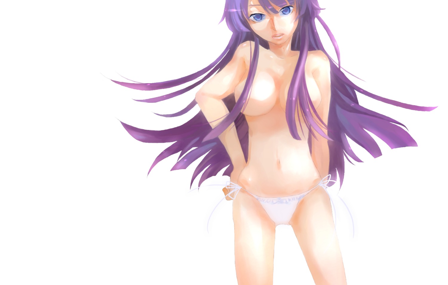bakemonogatari blue_eyes breasts covering_nipples female female_only monogatari_(series) nude panties purple_hair rule34 senjougahara_hitagi