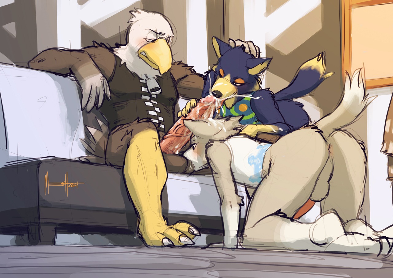 2014 3_toes accipitrid accipitriform all_fours animal_crossing anthro anthro_on_anthro anus apollo_(animal_crossing) avian avian_feet backsack bald_eagle ball_suck balls beak big_penis bird black_nose blush bodily_fluids body_worship bottomless brown_body brown_feathers butt canid canine canis clothed clothing collaborative collaborative_fellatio collaborative_oral collaborative_sex cum cum_in_mouth cum_inside cum_on_arm cum_on_back cum_on_face cum_on_head cum_on_penis cumshot digital_media_(artwork) e621 eagle ejaculation erection fang_(animal_crossing) feathers feet fellatio fur furniture genital_fluids genital_worship genitals gloves_(marking) group group_sex hand_on_head humanoid_genitalia humanoid_penis inside interspecies leg_markings licking long_penis male male/male male_penetrated male_penetrating male_penetrating_male mammal markings meesh multiple_subs nintendo non-mammal_balls one_eye_closed oral orgasm penetration penile penis penis_worship purple_body purple_fur raised_tail sea_eagle sex shirt signature socks_(marking) sofa sucking tail tan_body tan_fur tank_top threesome toes tongue tongue_out topwear trio two_subs_one_dom vein veiny_penis white_body white_feathers white_fur wolf wolfgang_(animal_crossing)