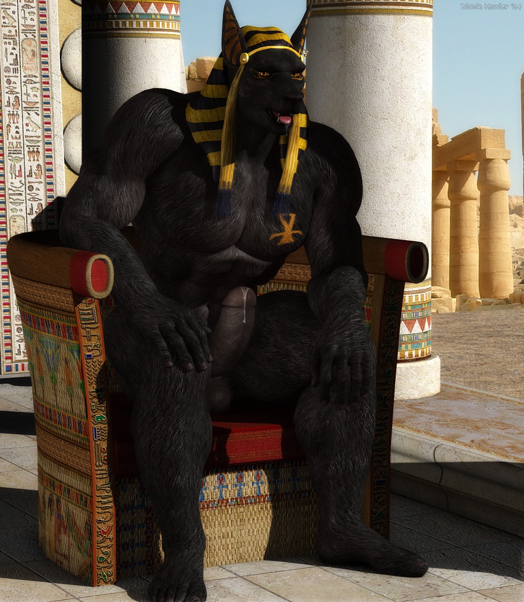 2014 3d_(artwork) abs amber_eyes ankh anthro anubian_jackal anubis balls biceps big_muscles big_penis biped black_body black_fur black_howler bodily_fluids canid canine canis chair deity digital_media_(artwork) drooling e621 egyptian egyptian_mythology erection fur furniture genital_fluids genitals humanoid_genitalia humanoid_penis jackal looking_at_viewer male mammal middle_eastern_mythology muscular muscular_anthro muscular_male mythology pecs penis pillar precum saliva sitting solo tattoo temple thick_penis throne