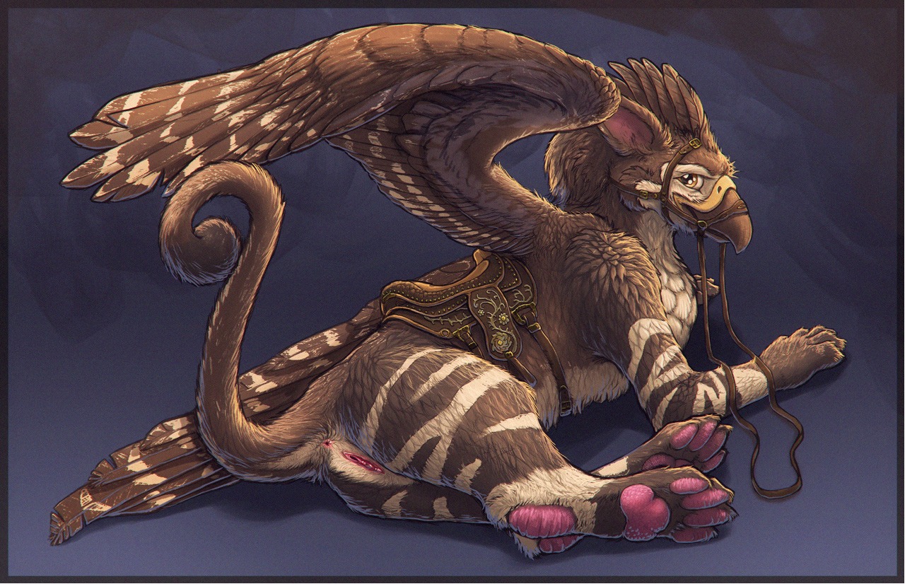 anus artonis avian beak bridle brown_body brown_fur butt digital_media_(artwork) e621 feathered_wings feathers feet female feral fur genitals gryphon harness hindpaw looking_at_viewer lying mount mythological_avian mythological_creature mythology nude on_side paws presenting reins rezzit saddle solo tail vulva wings