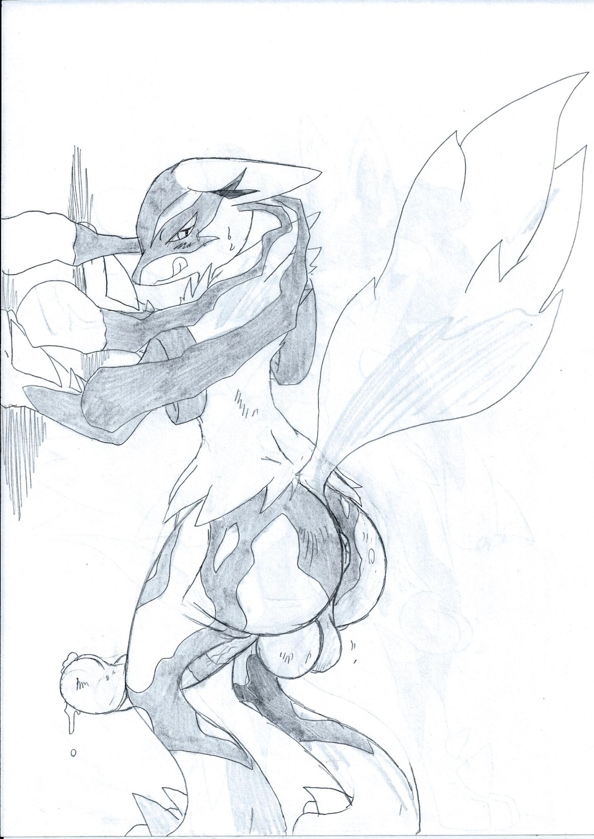 anthro anus backsack balls big_balls big_butt big_penis bodily_fluids butt canid canine cum e621 erection fur generation_6_pokemon genital_fluids genitals hi_res male mammal mega_evolution mega_lucario monochrome nintendo penis pokehard pokemon pokemon_(species) smile solo tongue