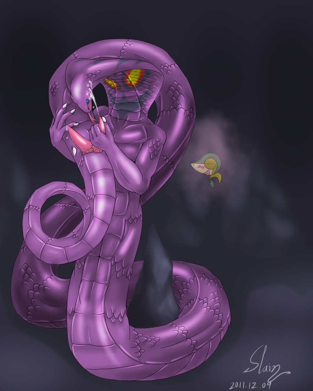 2011 anthro arbok blush color cum handjob male masturbation nintendo nude penis pokemon pokemon_(species) rule34 slain-dracon snivy tagme