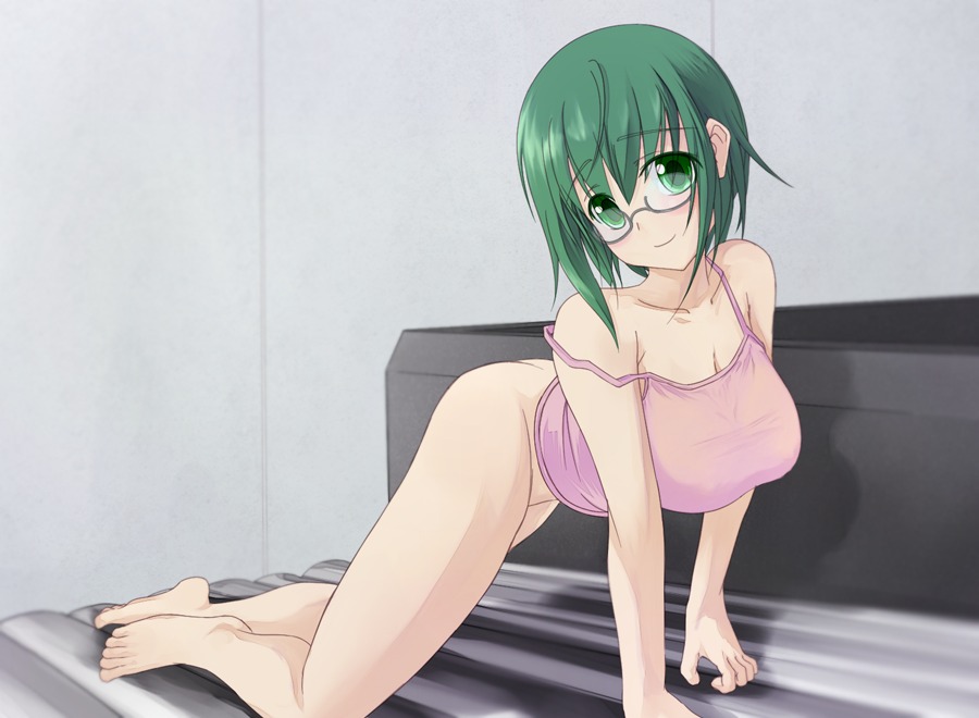 all_fours ass bed bottomless breasts cleavage female glasses green_eyes green_hair huge_breasts infinite_stratos no_panties rule34 smile yamada_maya