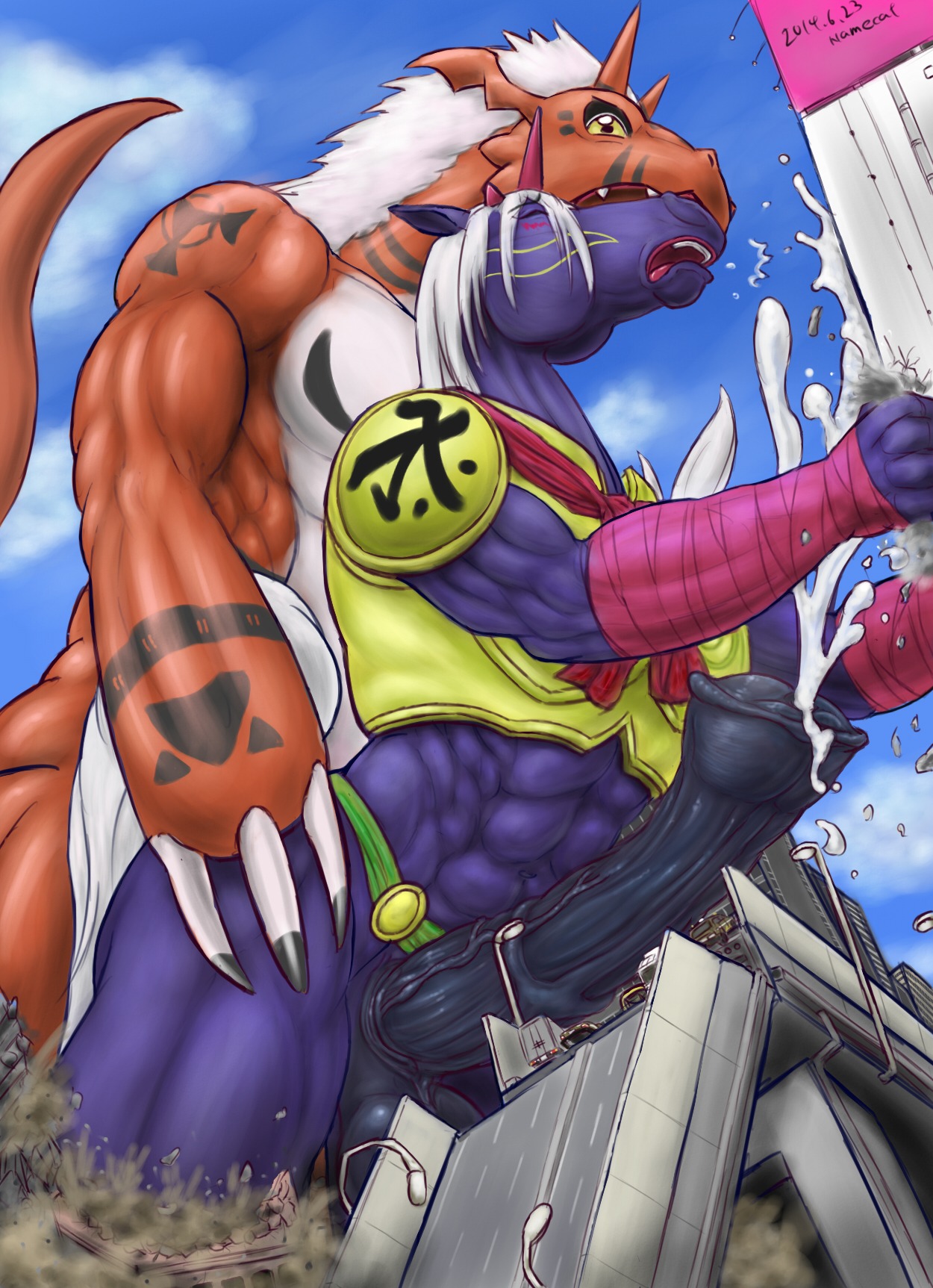 2014 abs anal anal_orgasm anal_penetration animal_genitalia animal_penis anthro armor balls bandai_namco biceps big_balls bodily_fluids butt city claws clothed clothing cum destroy destruction digimon digimon_(species) digital_hazard dragon duo e621 ejaculation equid equine_genitalia equine_penis erection eyes_closed flared_penis from_behind_position genital_fluids genitals growlmon hair hands-free hi_res horn indramon interspecies long_hair looking_down macro male male/male male_penetrated male_penetrating male_penetrating_male mammal manly markings muscular mythological_creature mythological_scalie mythology navel nude open_mouth orgasm outside partially_clothed pecs penetration penis ronin-nc scalie sex sharp_teeth standing symbol tail teeth thick_penis tongue tongue_out vein veiny_penis