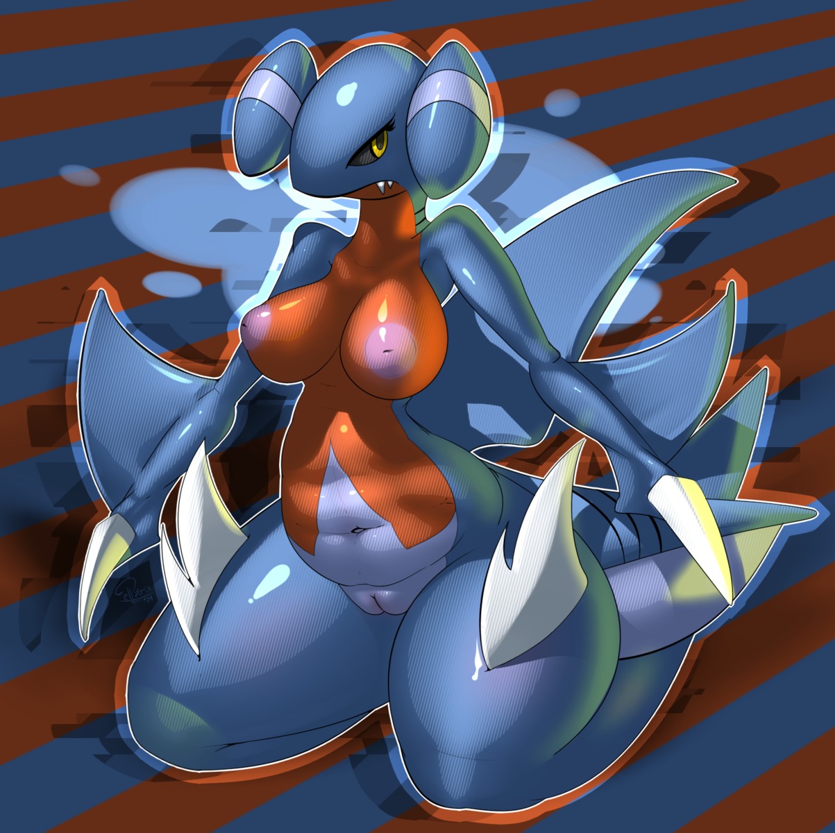 2014 anthro aquatic biped blue_body blue_skin breasts claws dragon e621 elpatrixf fangs female fish gabite generation_4_pokemon genitals hi_res hybrid inverted_nipples kneeling mythological_creature mythological_scalie mythology navel nintendo nipples non-mammal_breasts non-mammal_nipples nude pokemon pokemon_(species) pokemorph red_body red_skin scalie shark sharp_teeth slightly_chubby solo spikes teeth vulva wide_hips wings yellow_eyes
