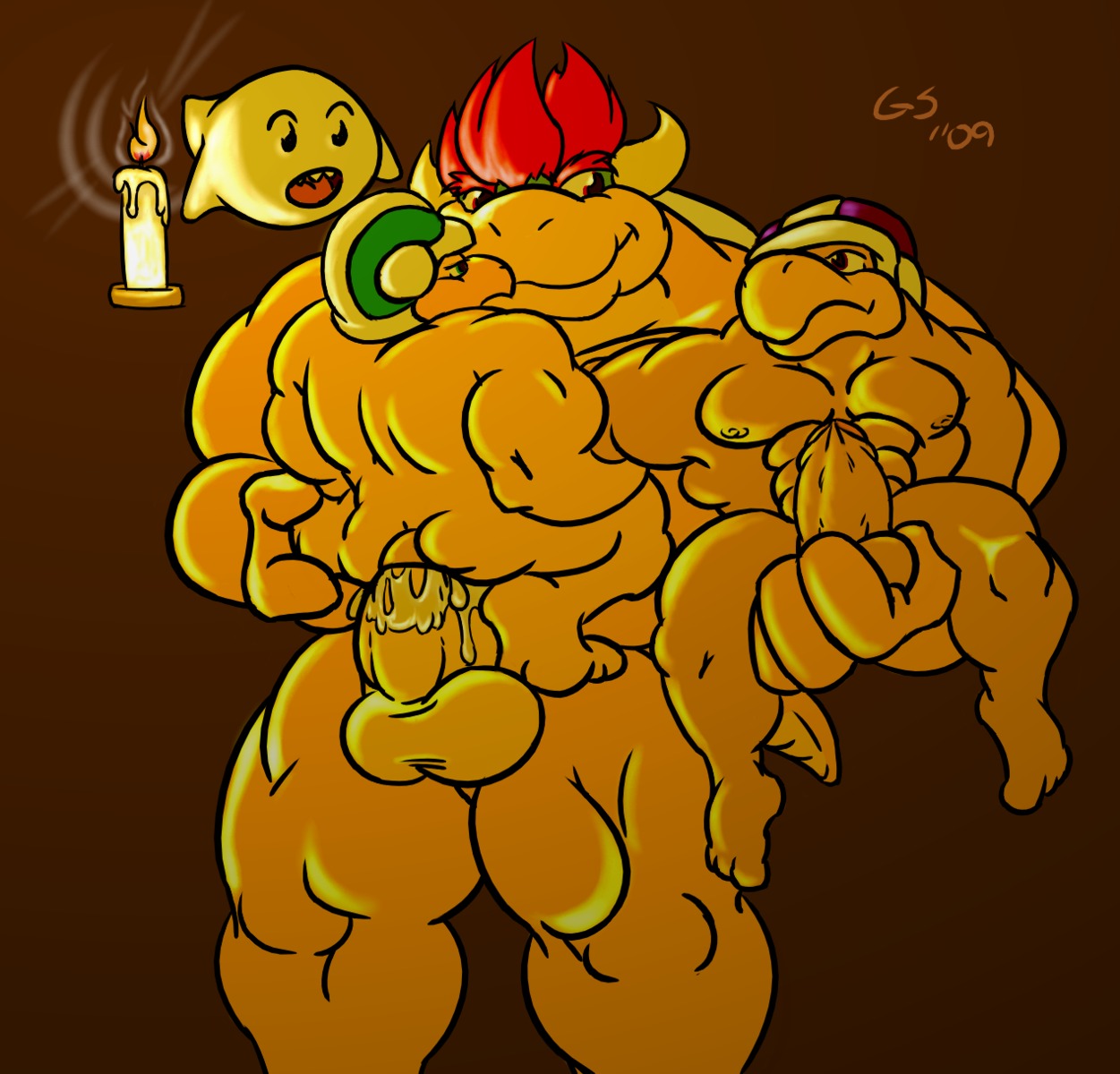2009 2_horns abs anal anal_penetration anthro balls barazoku biceps big_balls big_muscles bodily_fluids bowser cum cum_inside e621 erection genital_fluids genitals glaciersnow green_eyes grin group group_sex hammer_bro hi_res horn interspecies koopa male male/male male_penetrated male_penetrating male_penetrating_male mario_bros muscular muscular_male nintendo nude penetration penis red_eyes scalie sex shaded smile standing threesome trio two_subs_one_dom