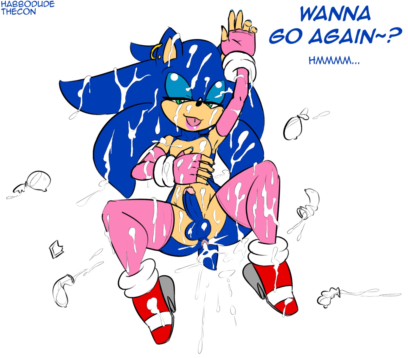 2013 after_sex anthro anus balls bedroom_eyes biped blue_body blue_fur blue_hair bodily_fluids clothed clothing condom crossdressing cum cum_everywhere cum_in_ass cum_inside e621 ear_piercing english_text erection eulipotyphlan femboy filled_condom fur genital_fluids genitals green_eyes habbodude hair half-closed_eyes hedgehog hi_res looking_at_viewer male mammal messy narrowed_eyes penis piercing seductive sega sexual_barrier_device smile solo sonic_the_hedgehog sonic_the_hedgehog_(series) text thecom thecon tongue tongue_out